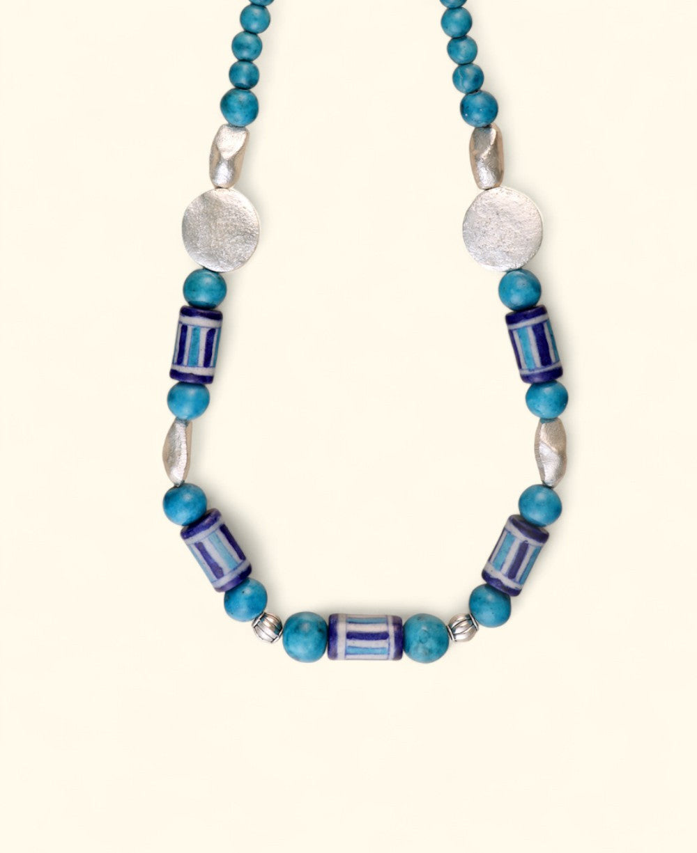 Striped Ceramic Bead Strand with Hammered Silver-Tone Discs