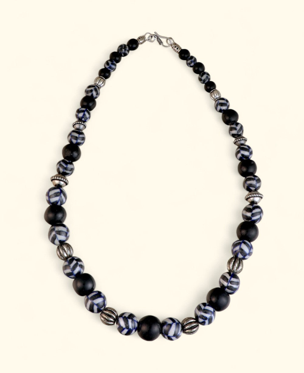Painted Ceramic Bead Necklace in Cobalt and Black