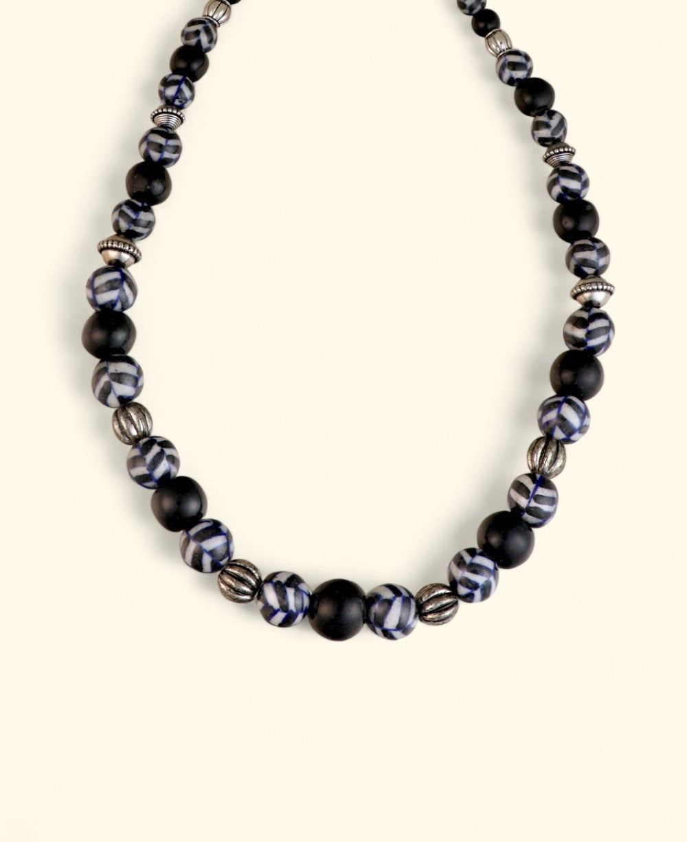 Painted Ceramic Bead Necklace in Cobalt and Black