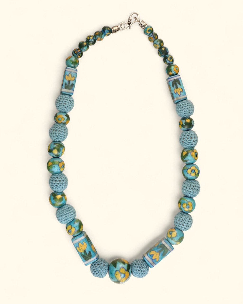 Turquoise Painted Ceramic and Crochet Bead Necklace
