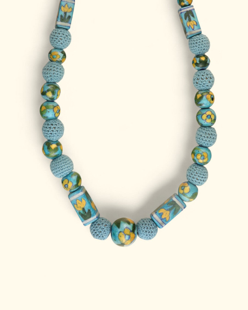 Turquoise Painted Ceramic and Crochet Bead Necklace