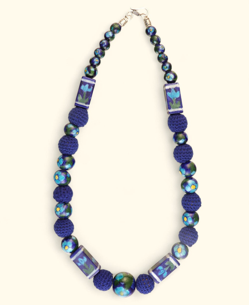 Cobalt Floral Ceramic and Crochet Bead Necklace
