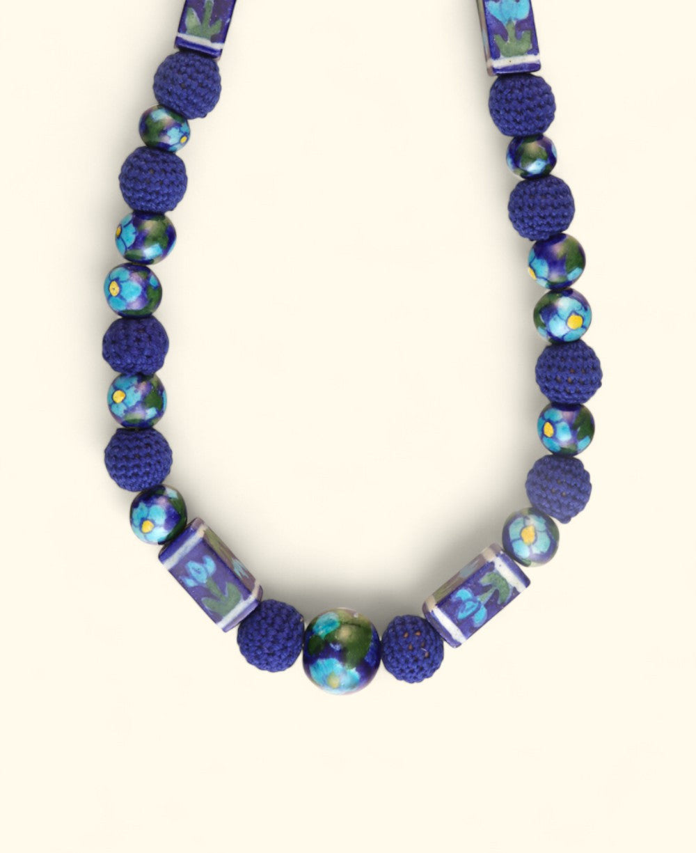Cobalt Floral Ceramic and Crochet Bead Necklace