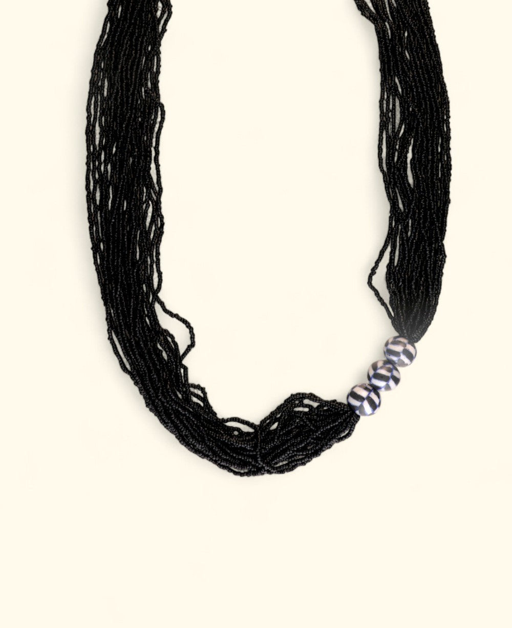 Multi-Strand Black Seed Bead Necklace with Painted Ceramic Trio