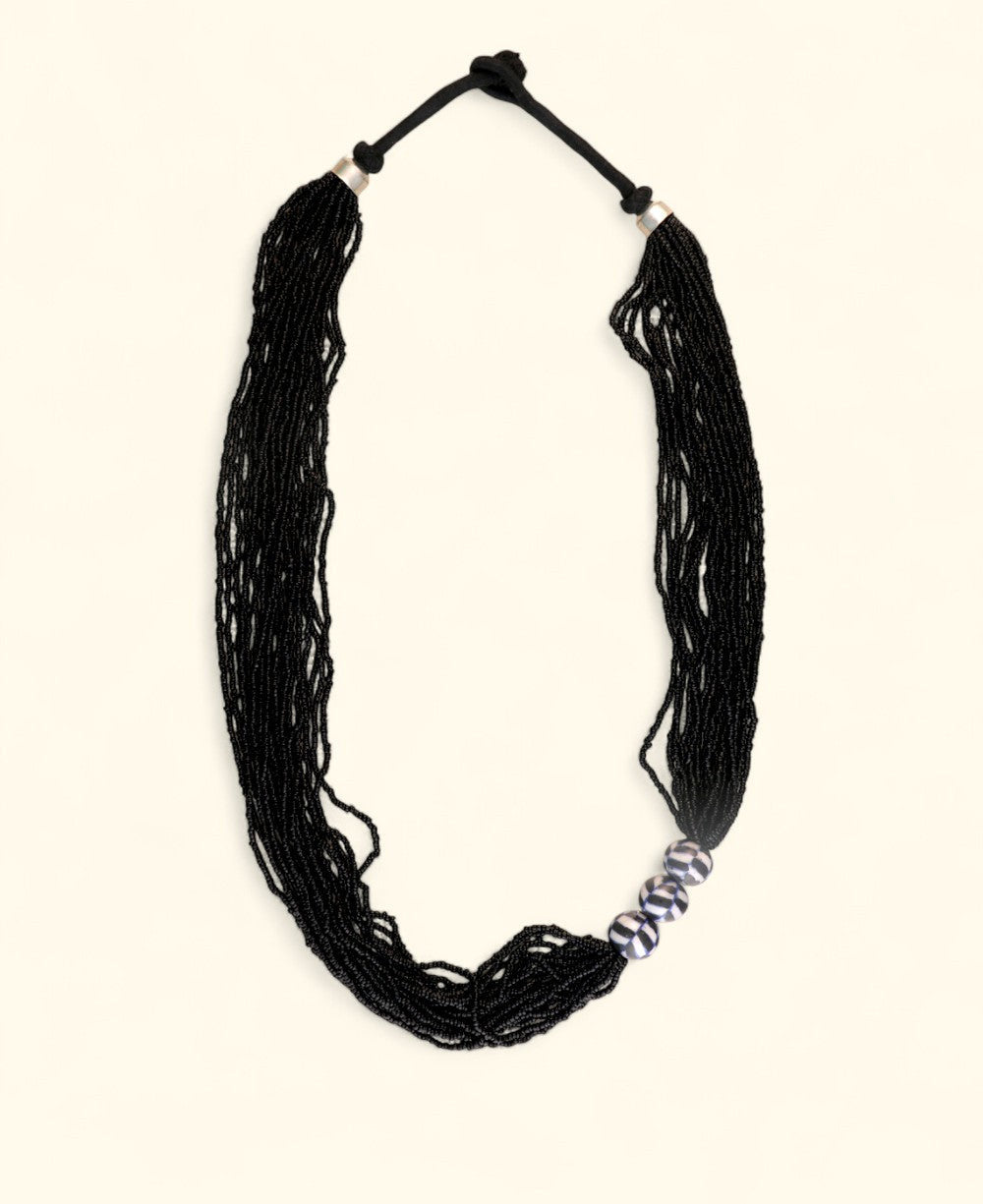 Multi-Strand Black Seed Bead Necklace with Painted Ceramic Trio