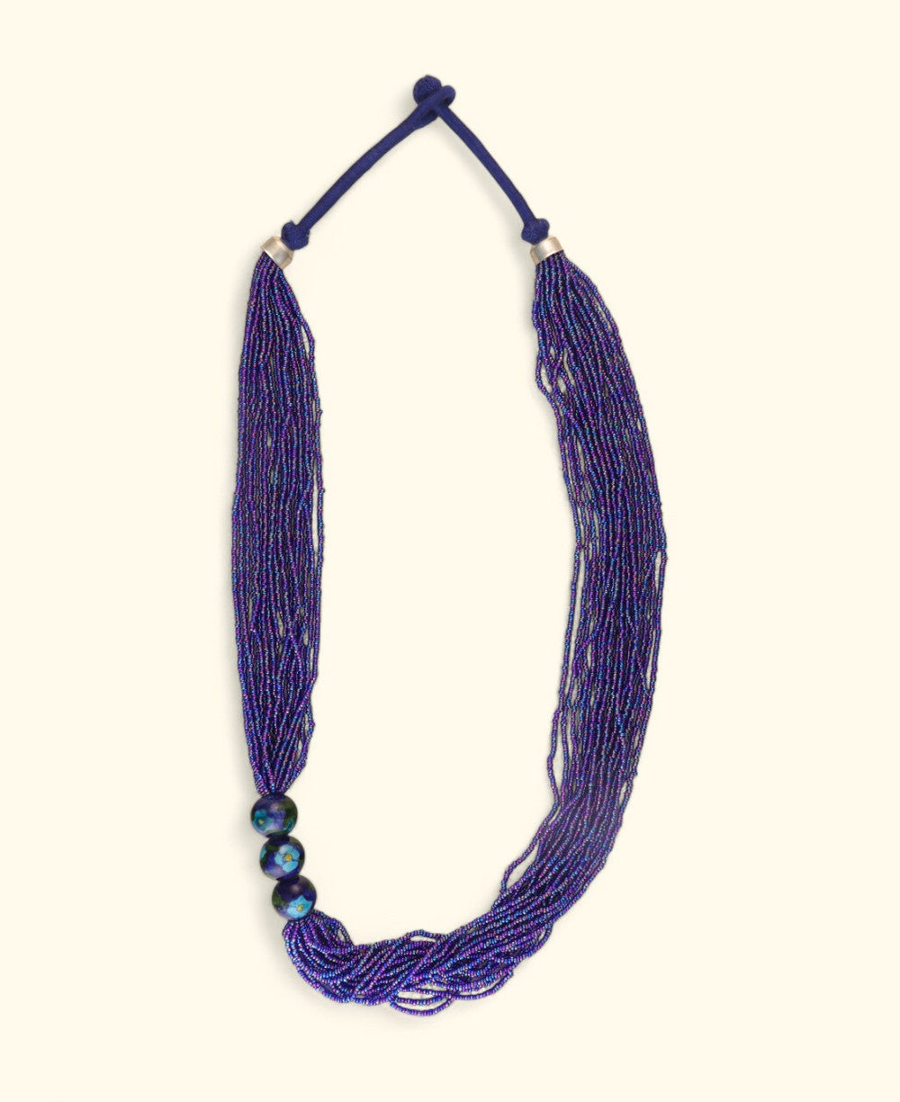 Cascading Violet Seed Bead Necklace with Painted Ceramic Beads