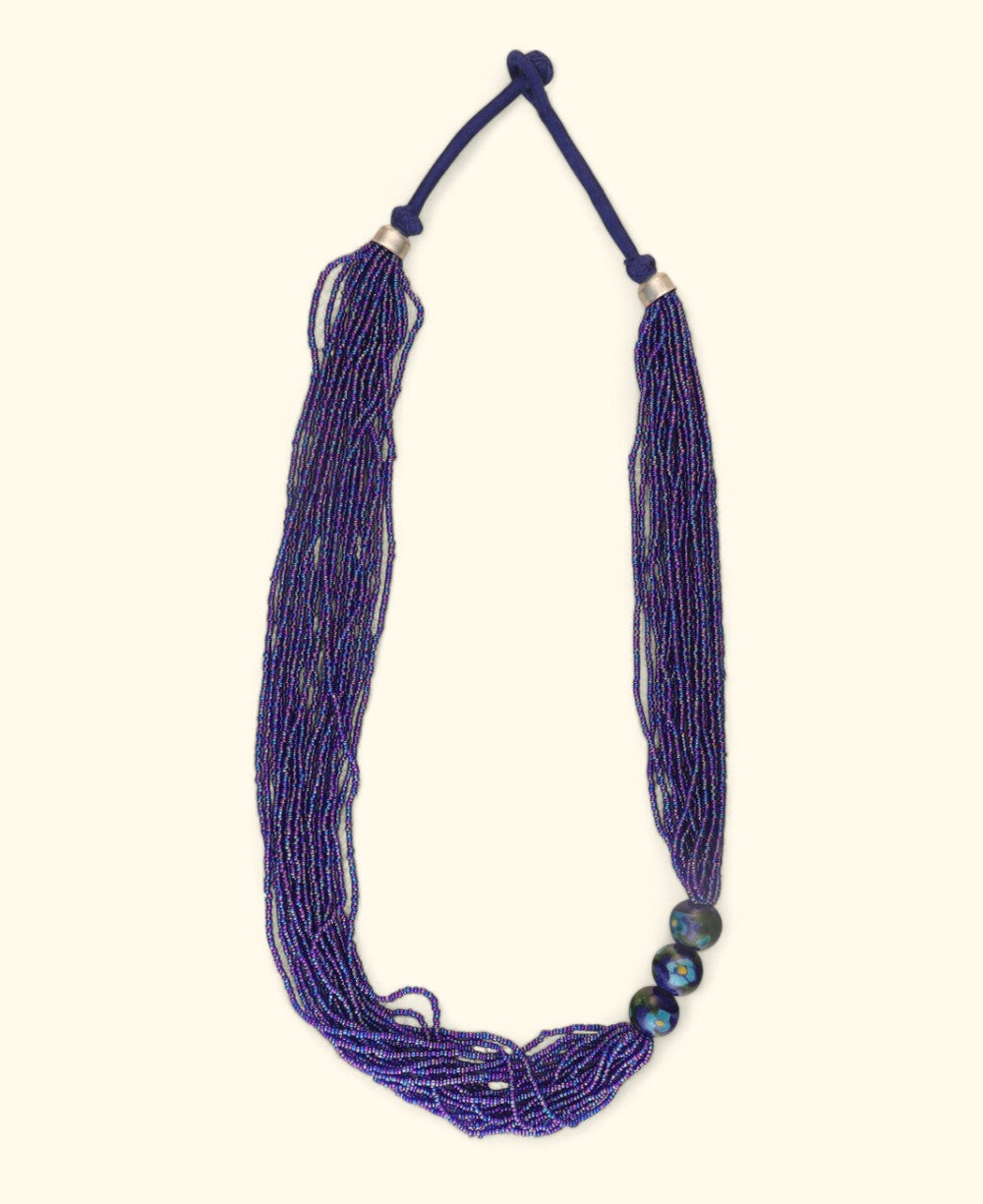 Cascading Violet Seed Bead Necklace with Painted Ceramic Beads