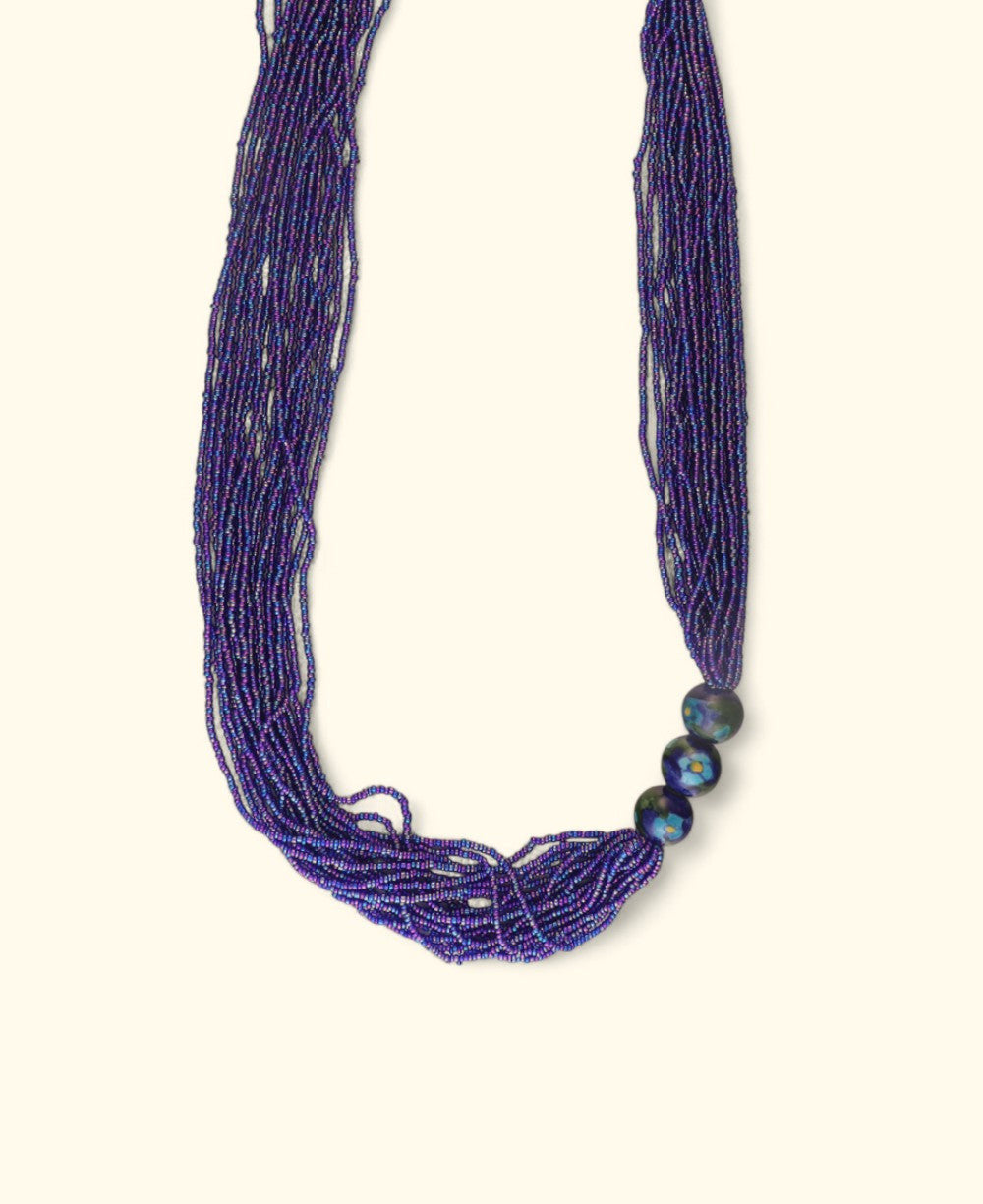Cascading Violet Seed Bead Necklace with Painted Ceramic Beads