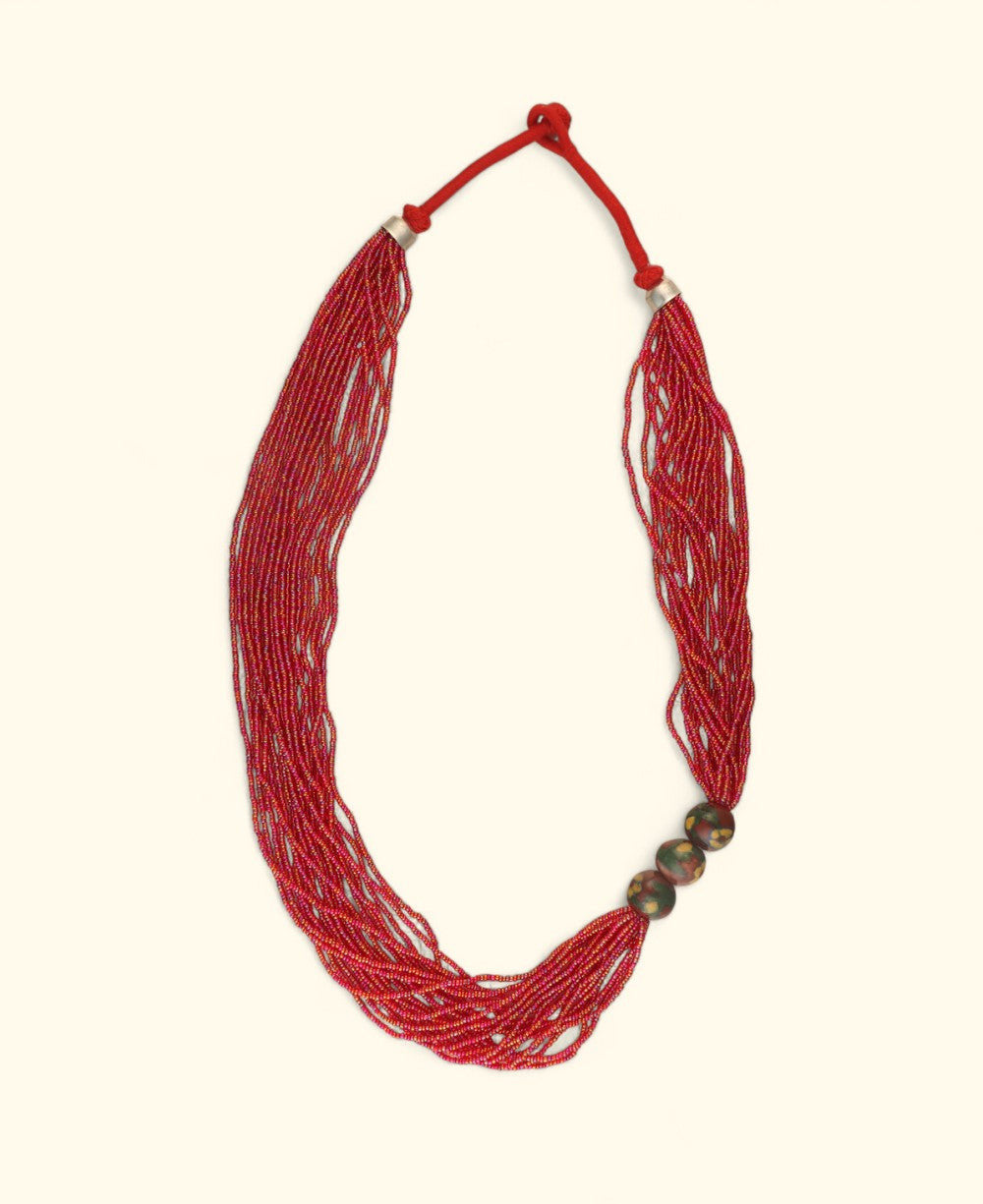 Red Seed-Bead Rope with Painted Ceramic Trio