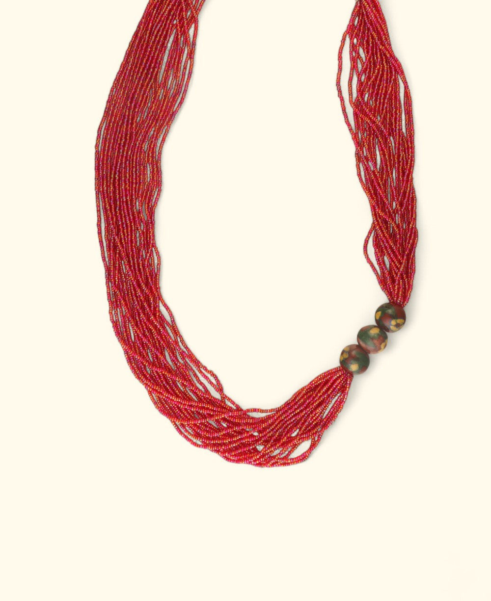 Red Seed-Bead Rope with Painted Ceramic Trio