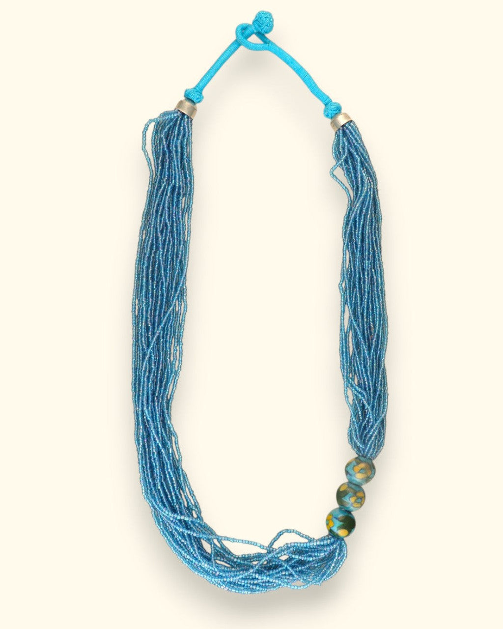 Multi-Strand Aqua Seed-Bead Necklace with Painted Ceramic Beads