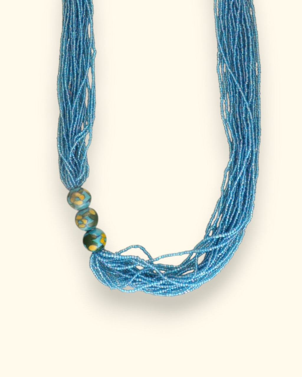 Multi-Strand Aqua Seed-Bead Necklace with Painted Ceramic Beads
