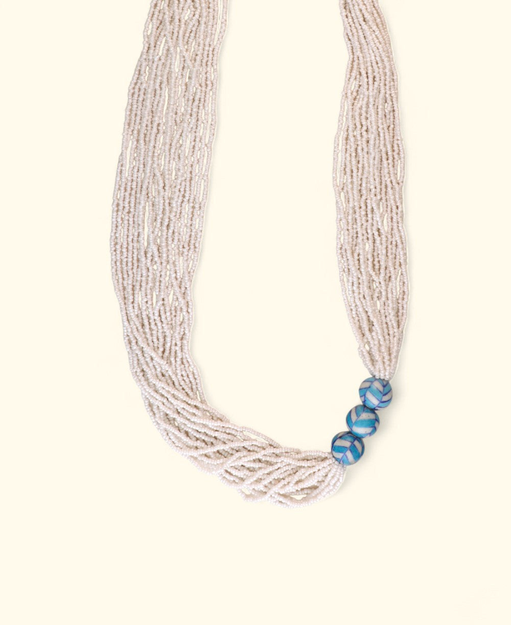 Blue-Painted Ceramic Trio Multi-Strand Bead Necklace