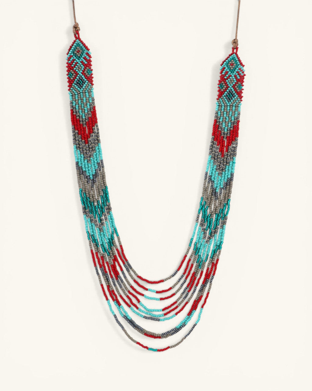 Turquoise, Red and Gray Diamond-Weave Beaded Necklace