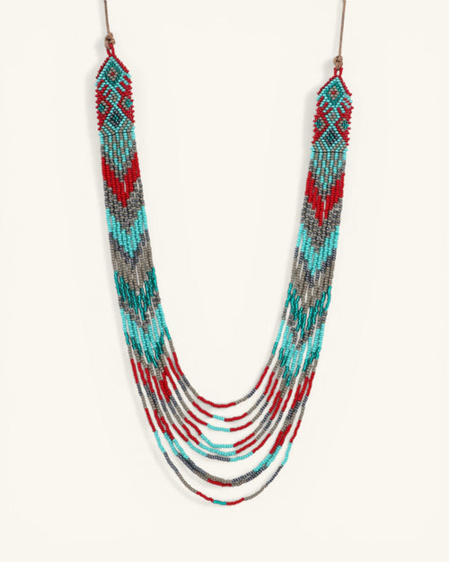 Turquoise, Red and Gray Diamond-Weave Beaded Necklace