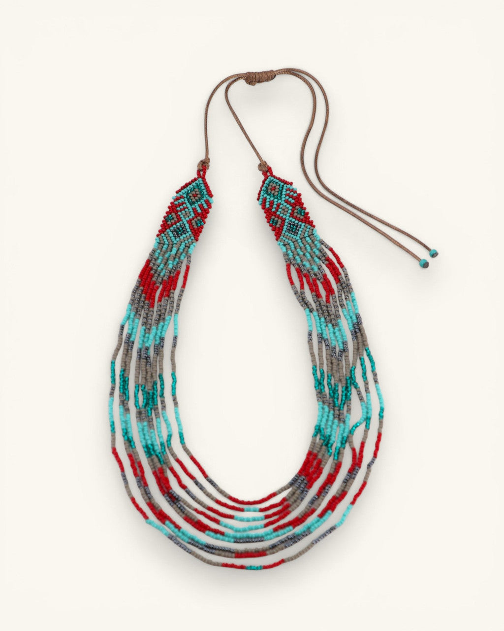 Turquoise, Red and Gray Diamond-Weave Beaded Necklace