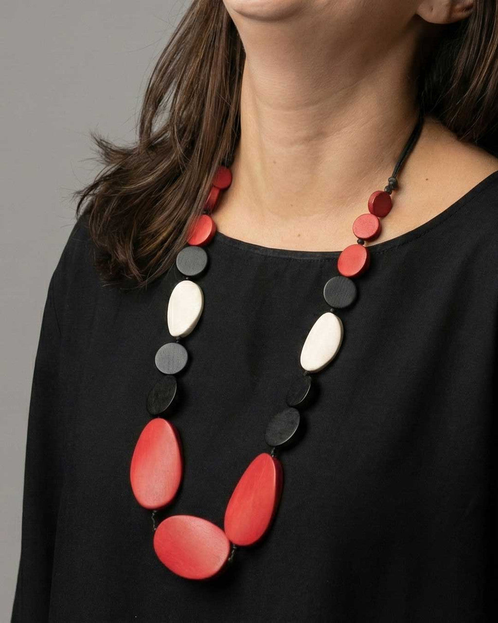 Graduated Wood Bead Necklace in Red, Black and Cream