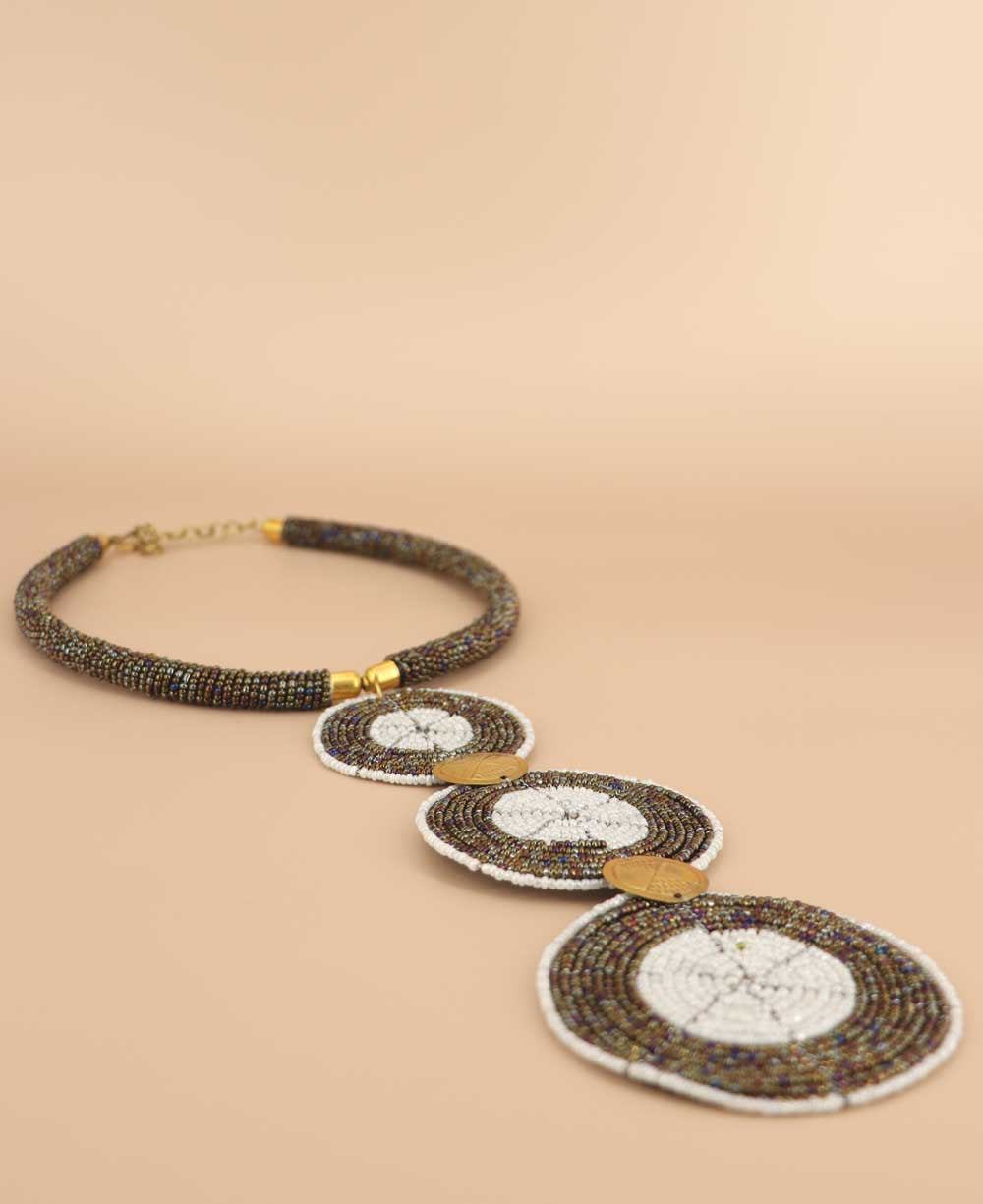 Graduated Beaded Disc Necklace with Brass Coins