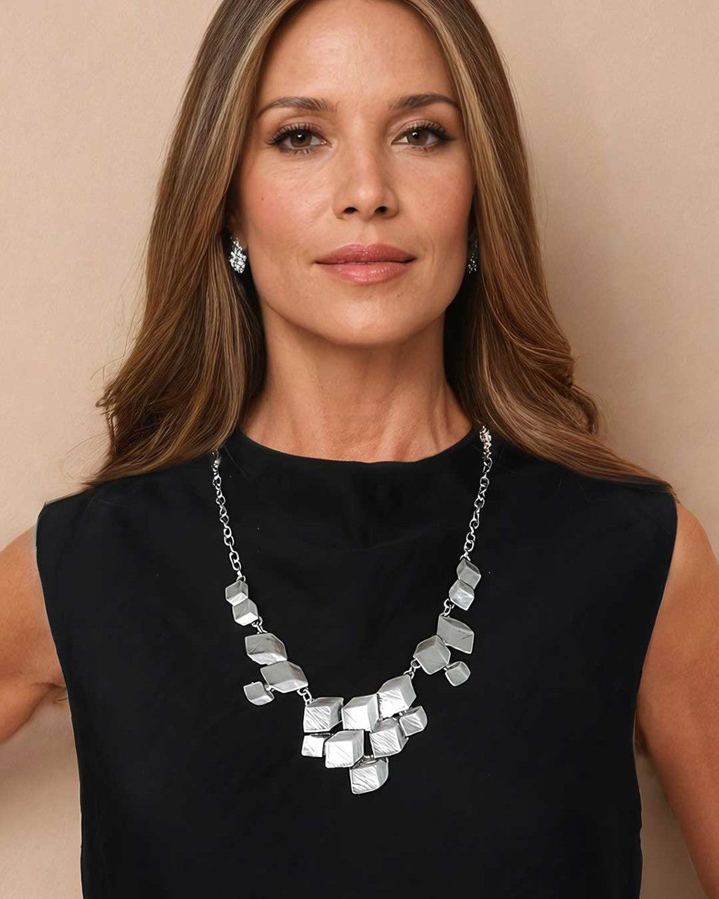 Stacked Cube Silver Bib Necklace