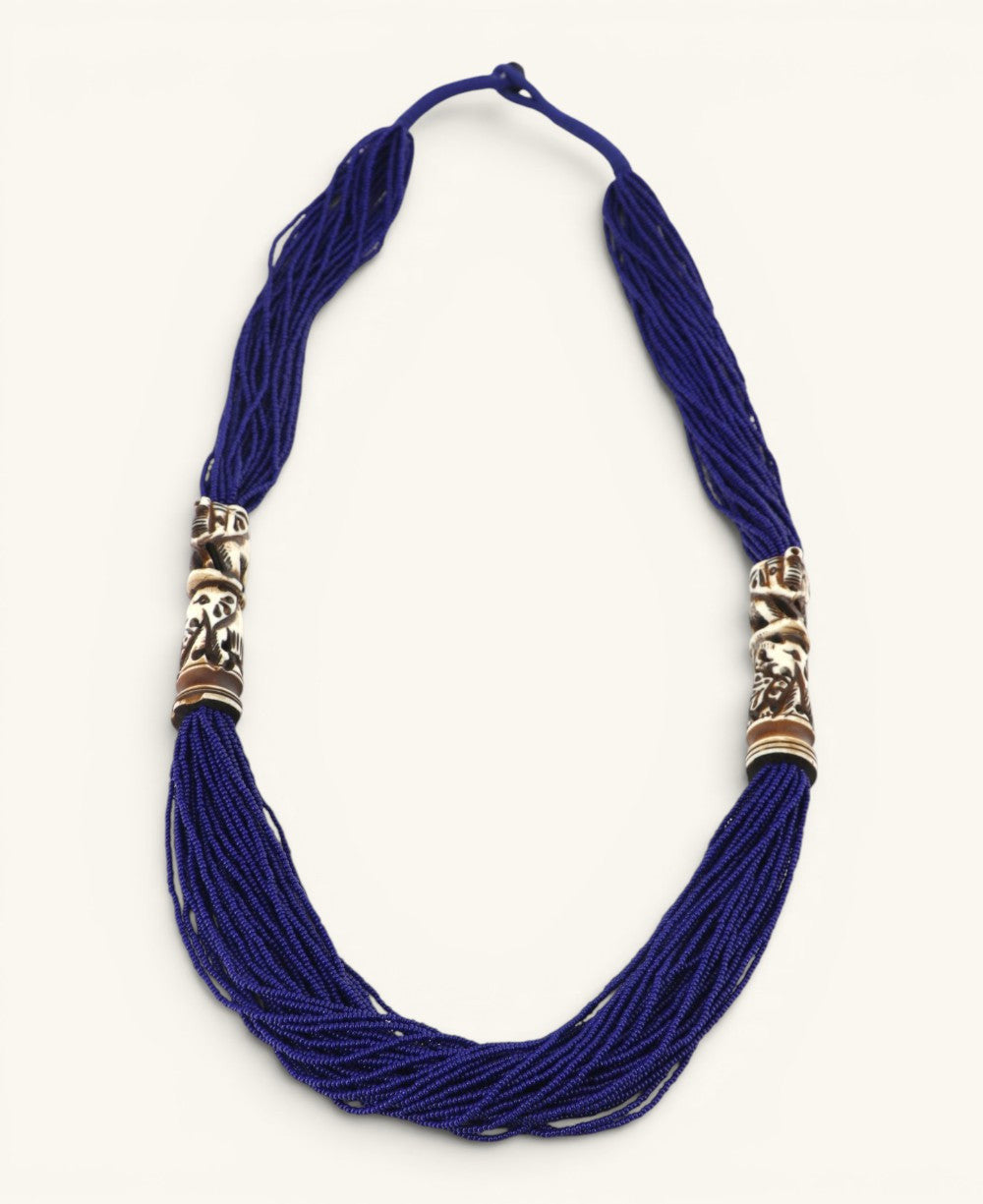 Cobalt Seed Bead Necklace with Carved Bone Elephants