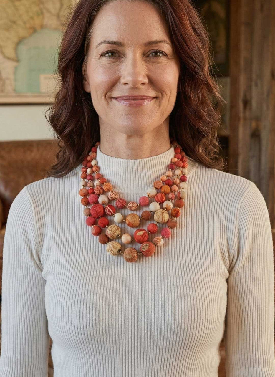 Layered Kantha Necklace, Warm Sunset