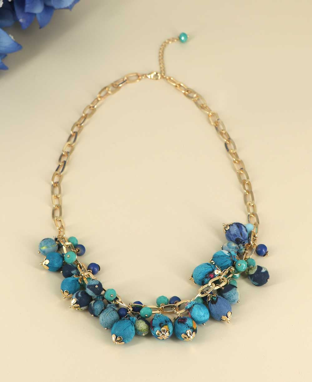 Blue Fabric Bead Cluster Bib Necklace
