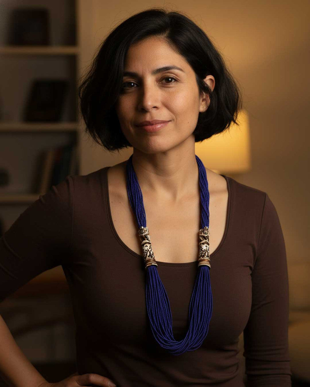 Cobalt Seed Bead Necklace with Carved Bone Elephants