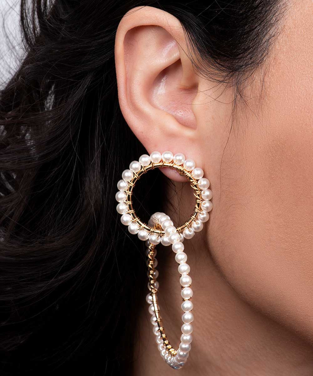 Interlocking Pearl Hoop Drop Earrings