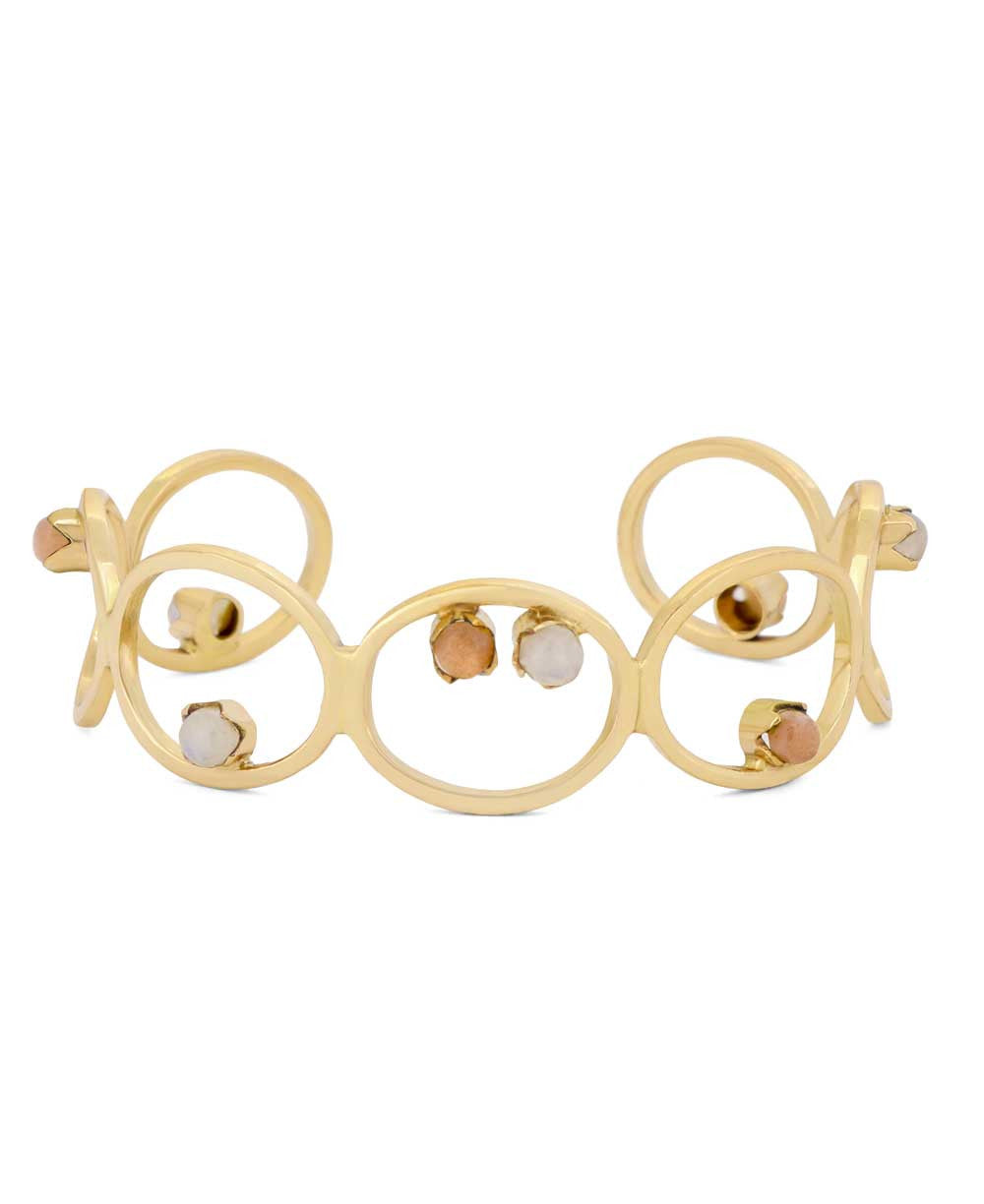 Linked-Circle Brass Cuff with White and Peach Moonstone