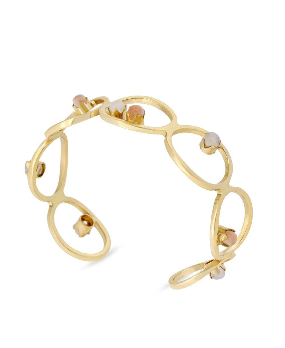 Linked-Circle Brass Cuff with White and Peach Moonstone