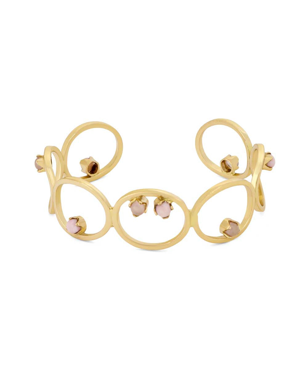 Open-Loop Brass Cuff with Opal and Rose Quartz Cabochons