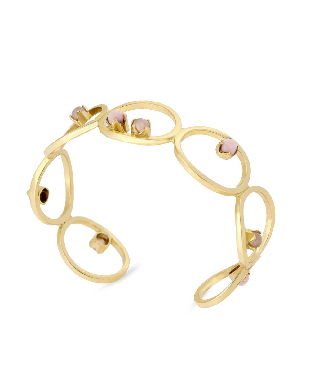 Open-Loop Brass Cuff with Opal and Rose Quartz Cabochons
