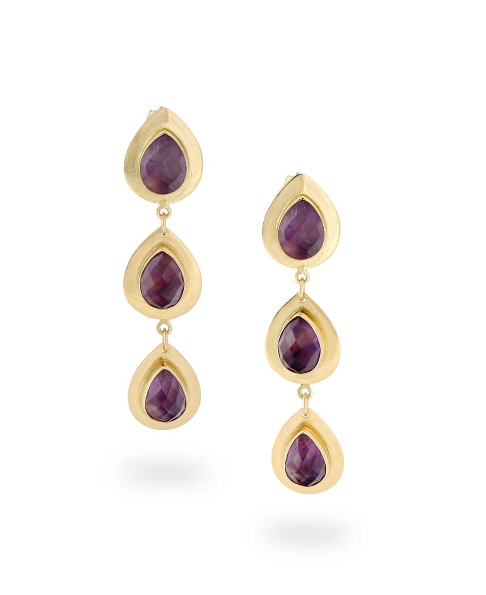 Triple Amethyst Teardrop Drop Earrings