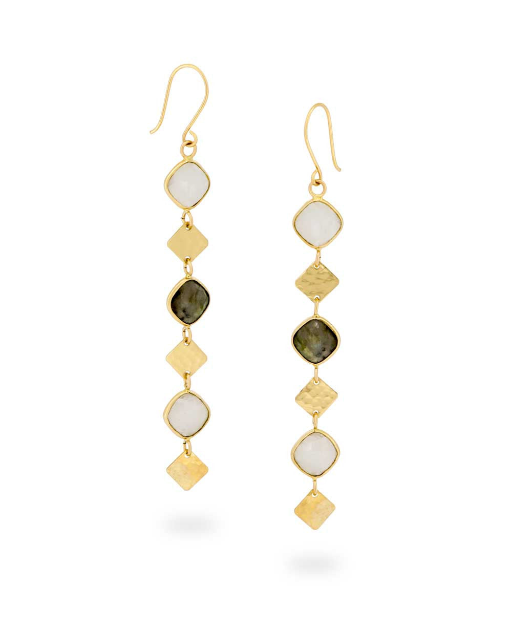 Segmented Drop Earrings in Labradorite and Moonstone