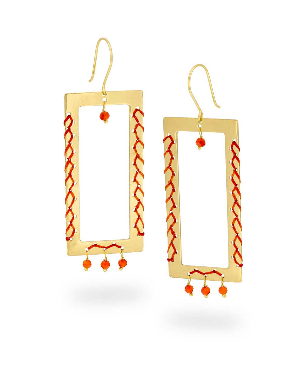 Rectangle Frame Earrings with Orange Thread and Carnelian