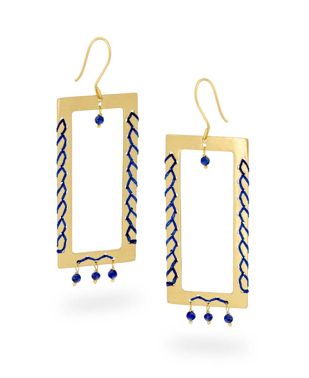 Cobalt-Laced Brass Rectangle Earrings with Lapis