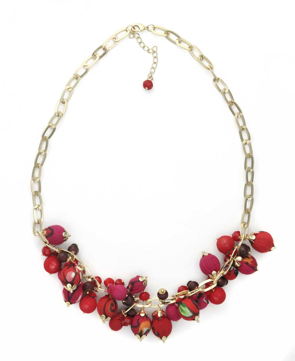 Fabric-Wrapped Bead Bib Necklace in Red, Crimson and Magenta
