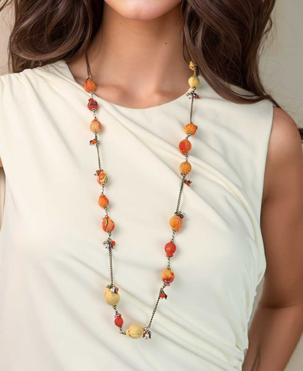 Long Fabric-Wrapped Bead Necklace in Orange and Rust