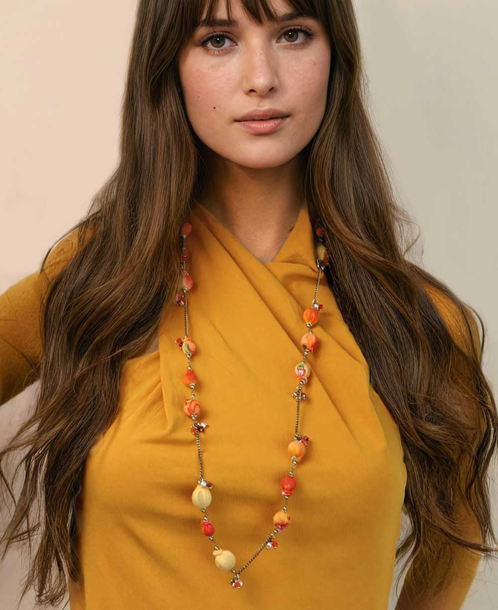 Long Fabric-Wrapped Bead Necklace in Orange and Rust