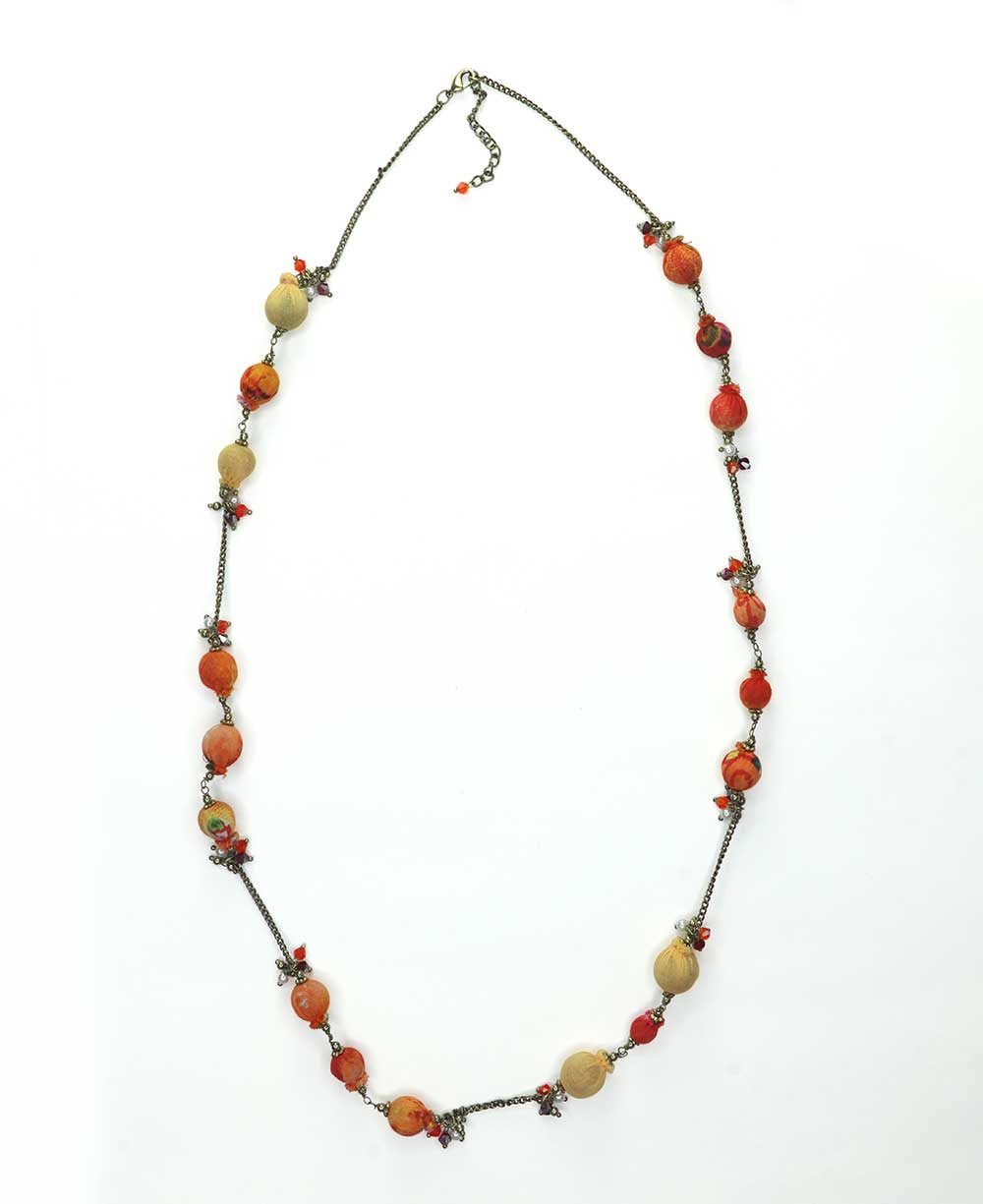 Long Fabric-Wrapped Bead Necklace in Orange and Rust