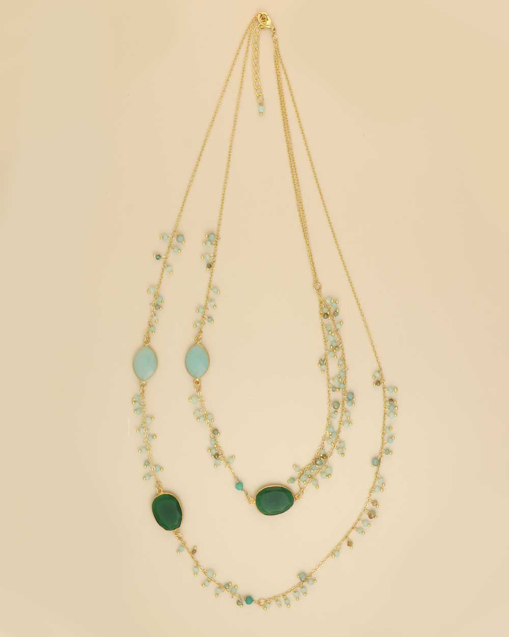 Cascading Two-Layer Necklace with Green and Aqua Stones