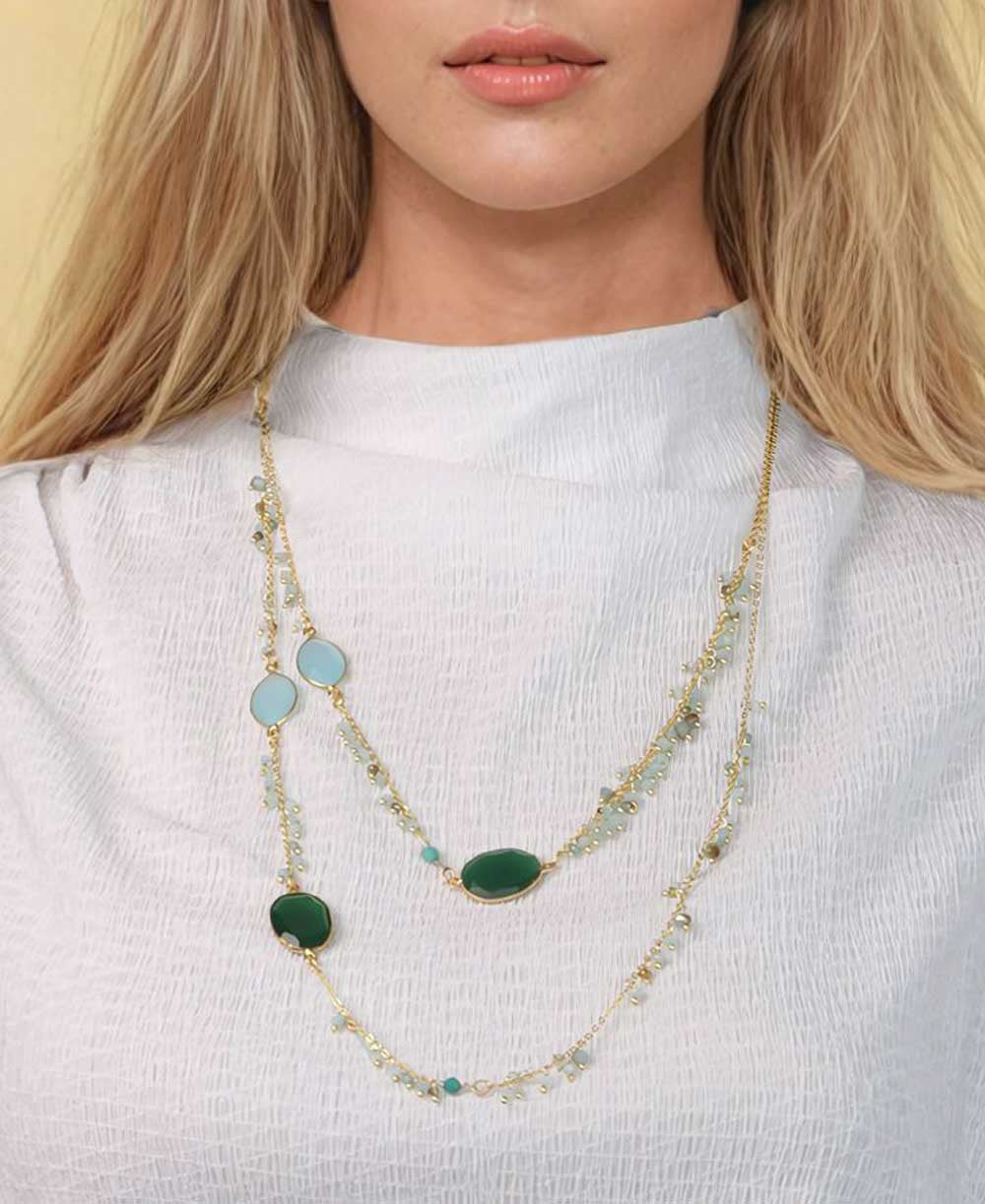 Cascading Two-Layer Necklace with Green and Aqua Stones