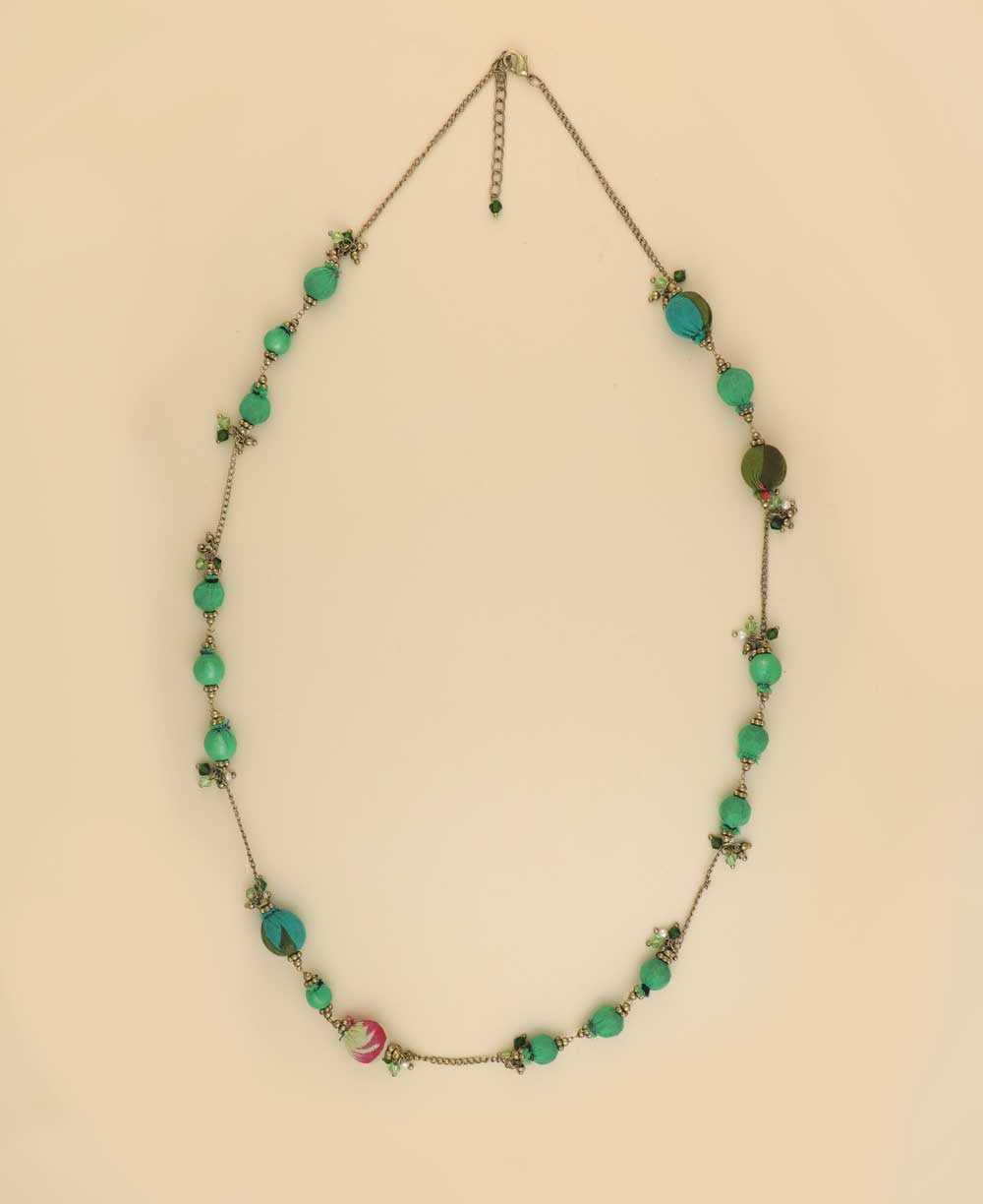 Long Fabric-Wrapped Bead Necklace in Orange and Rust