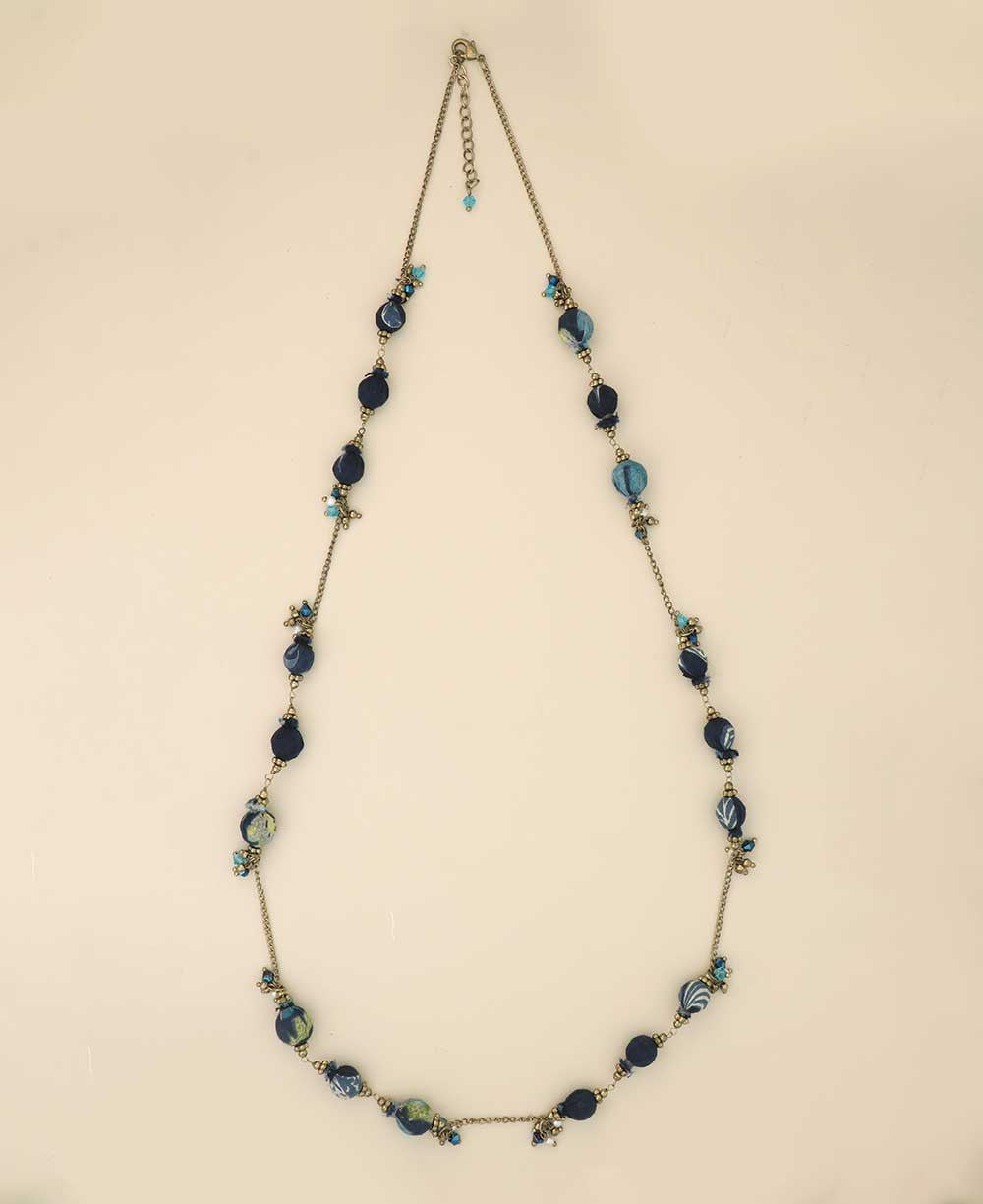 Long Fabric-Wrapped Bead Necklace in Orange and Rust