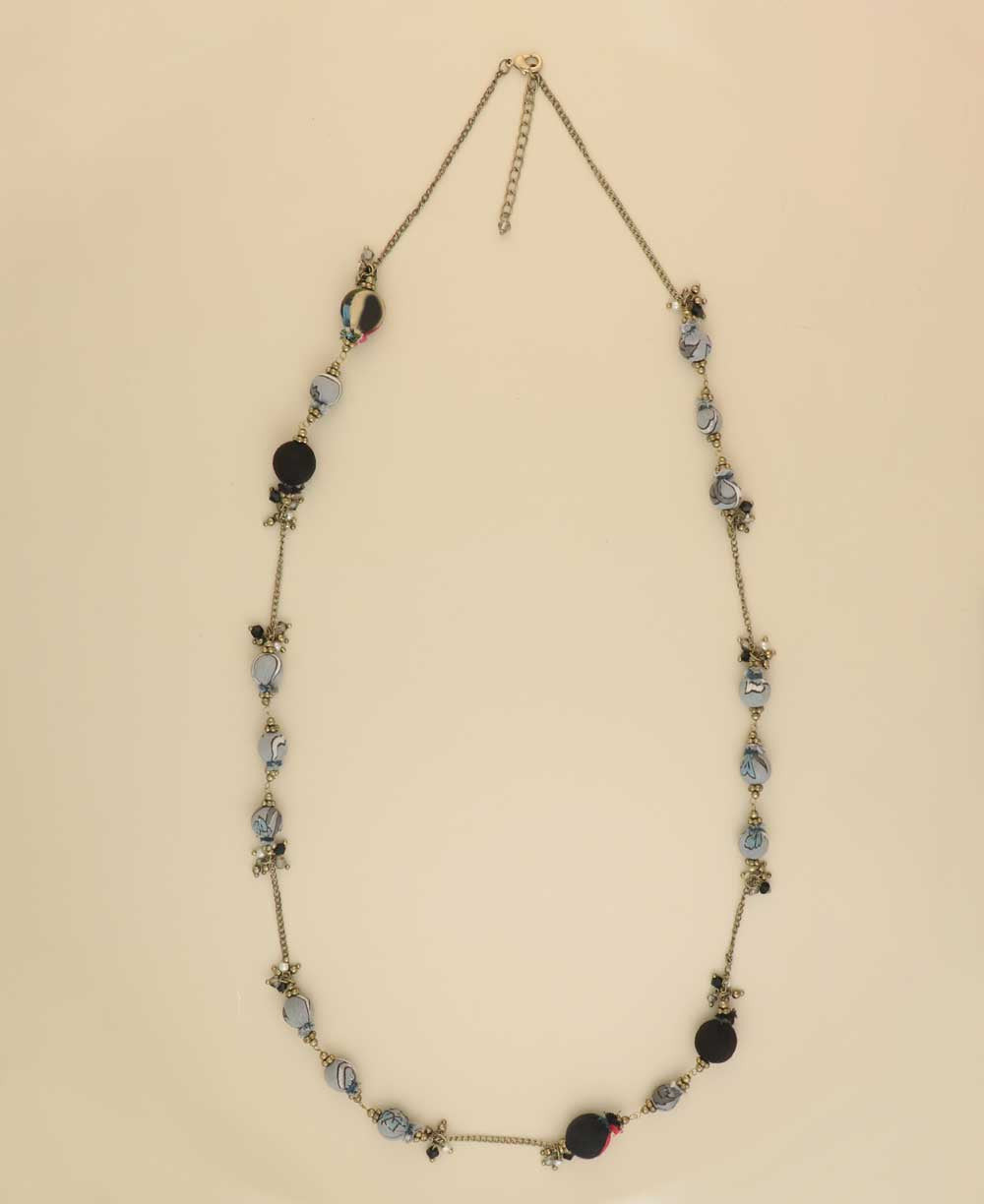 Long Fabric-Wrapped Bead Necklace in Orange and Rust