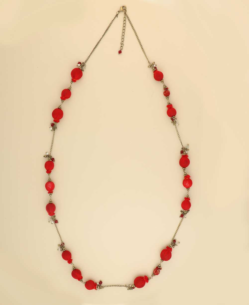 Long Fabric-Wrapped Bead Necklace in Orange and Rust
