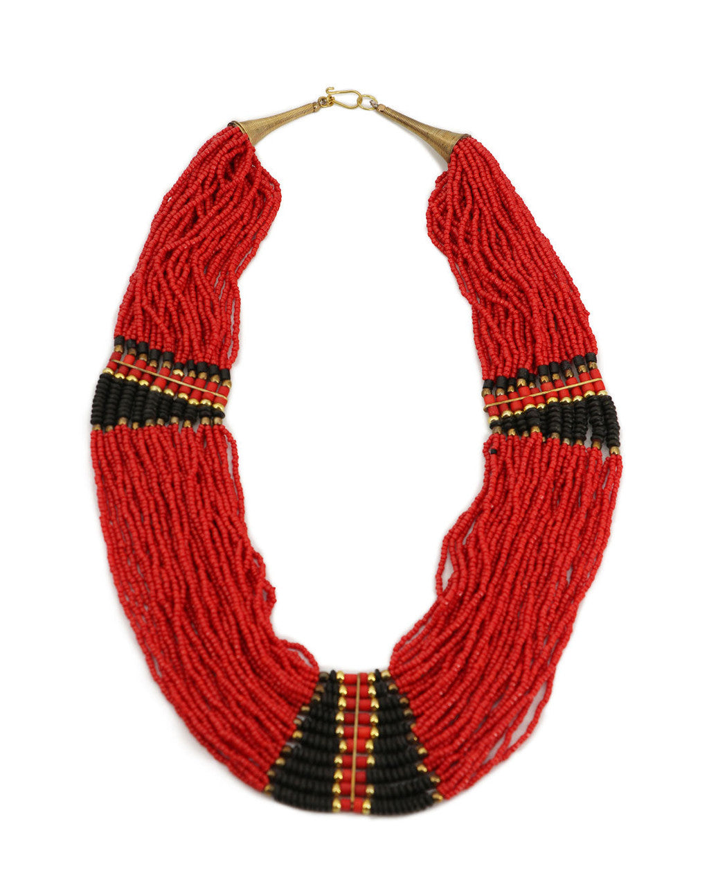 Red Seed Bead Collar Necklace with Black and Gold Panels