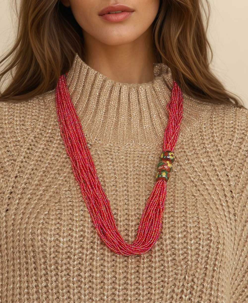 Red Seed-Bead Rope with Painted Ceramic Trio