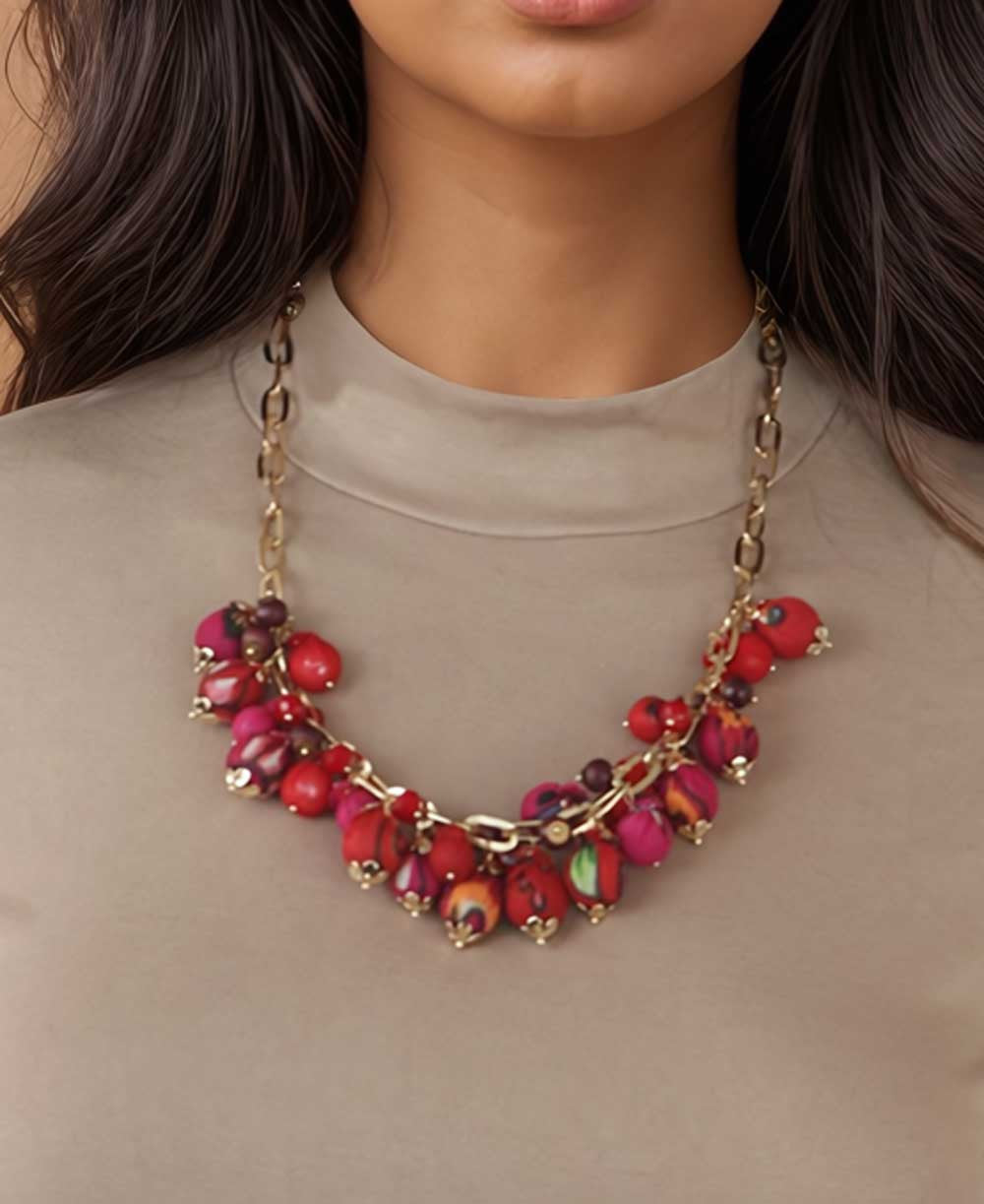 Fabric-Wrapped Bead Bib Necklace in Red, Crimson and Magenta