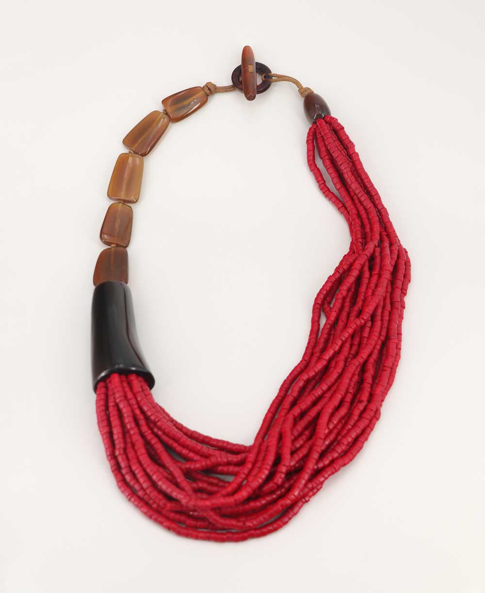 Asymmetric Crimson Bead and Horn Necklace